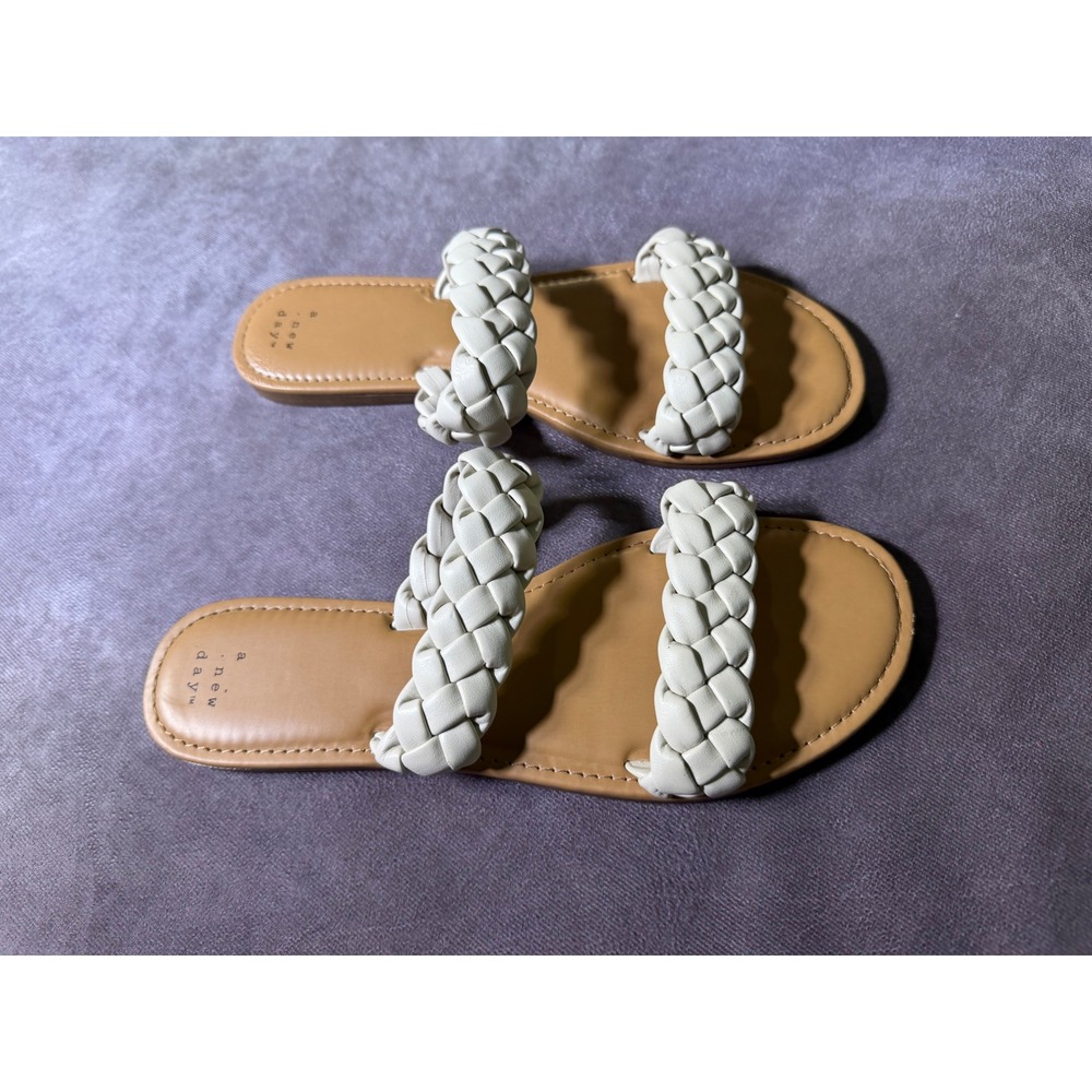 A New Day Womens Braided Slide Sandals Cream Off White Flat Slip On Shoes 9.5 - Picture 5 of 7